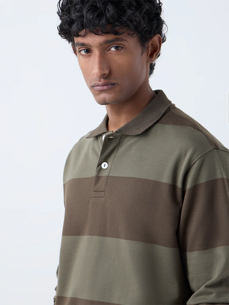 WES Casuals Olive Striped Relaxed Fit Cotton-Blend Polo T-Shirt - Image 4