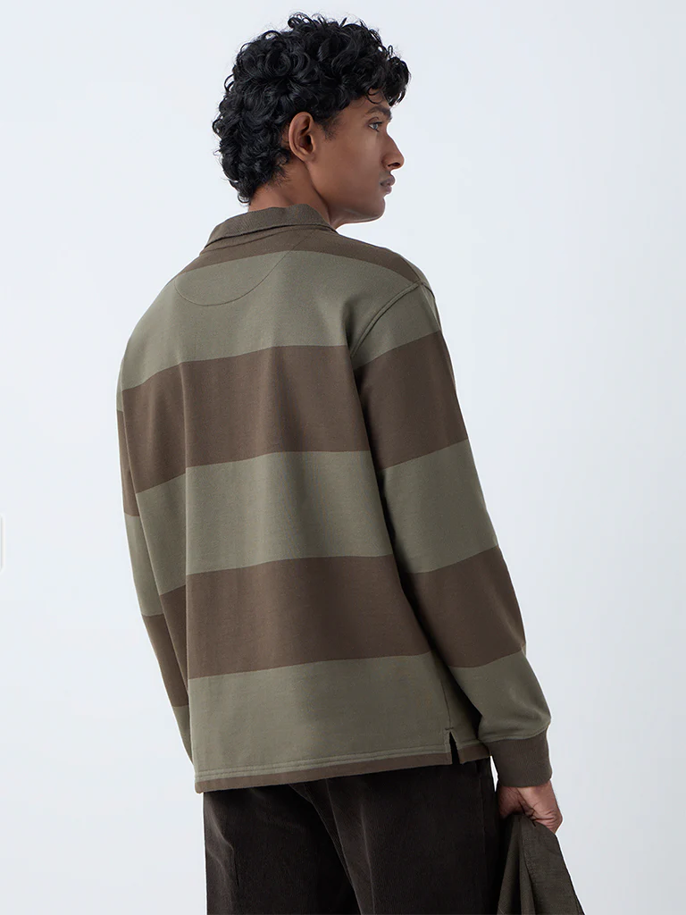 WES Casuals Olive Striped Relaxed Fit Cotton-Blend Polo T-Shirt - Image 5