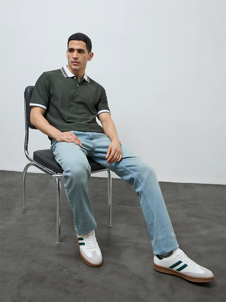 WES Casuals Olive Textured Relaxed-Fit Polo T-Shirt - Image 3