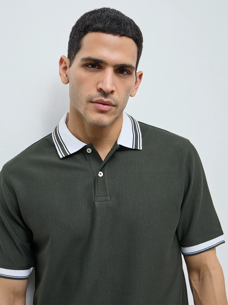 WES Casuals Olive Textured Relaxed-Fit Polo T-Shirt - Image 4