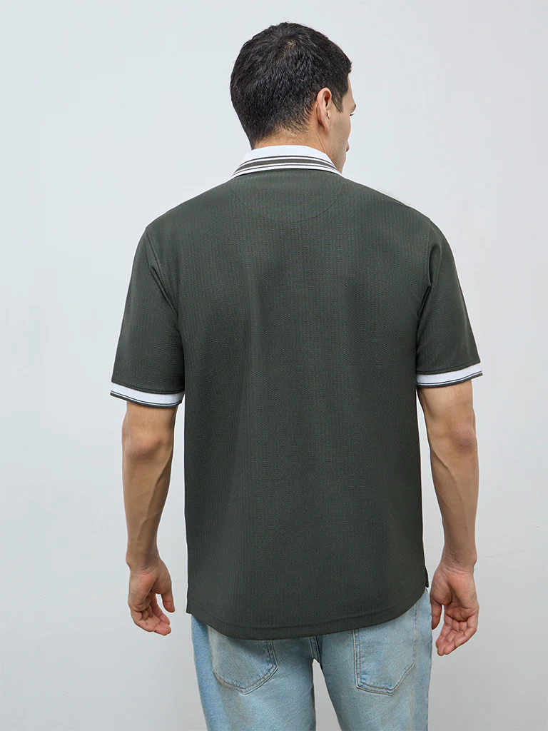 WES Casuals Olive Textured Relaxed-Fit Polo T-Shirt - Image 5