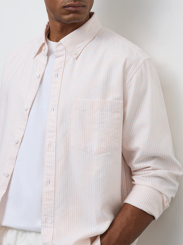 WES Casuals Peach Striped Relaxed-Fit Cotton Shirt - Image 3