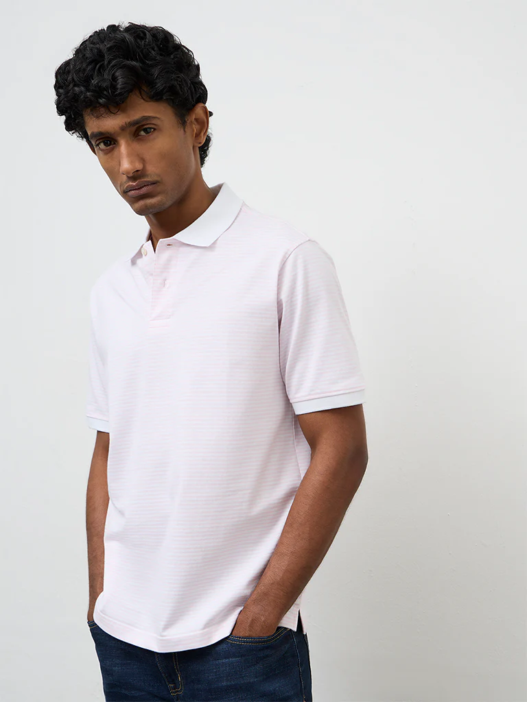 WES Casuals Pink Striped Relaxed-Fit Polo Cotton-Blend T-Shirt