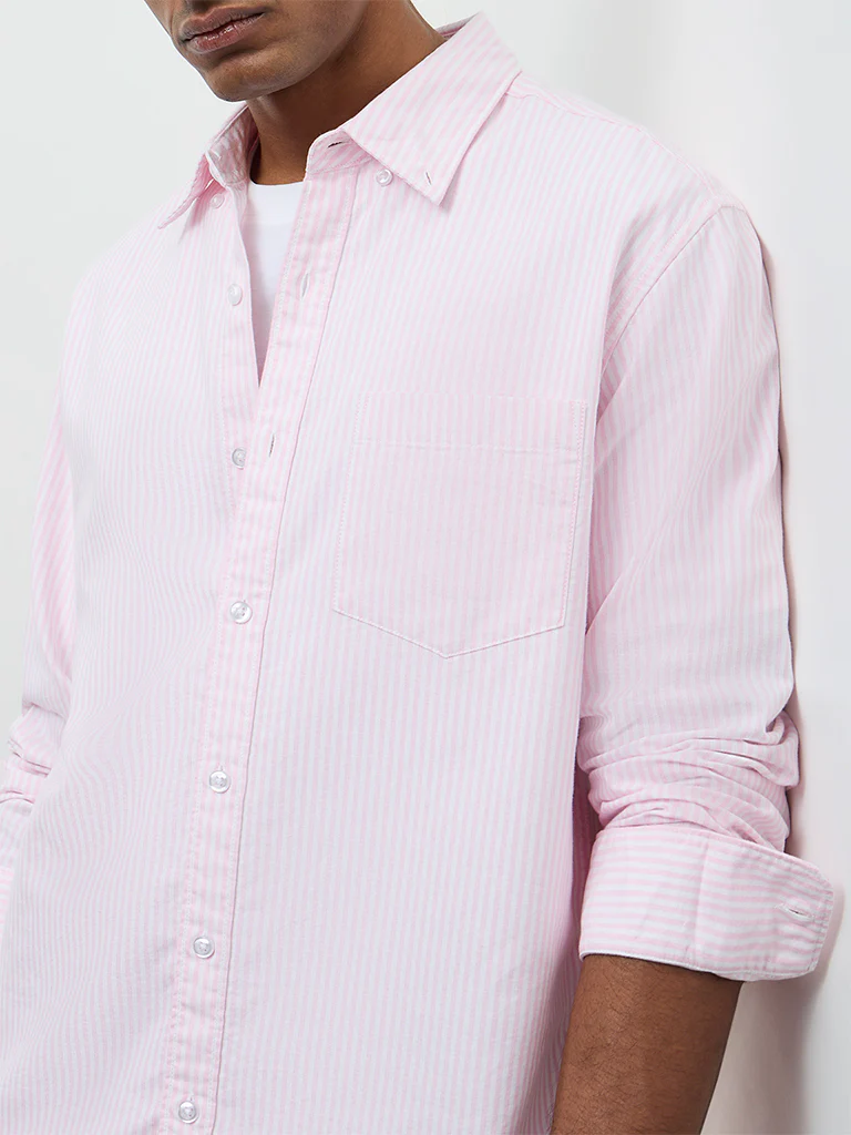 WES Casuals Pink Striped Relaxed-Fit Cotton Shirt - Image 3