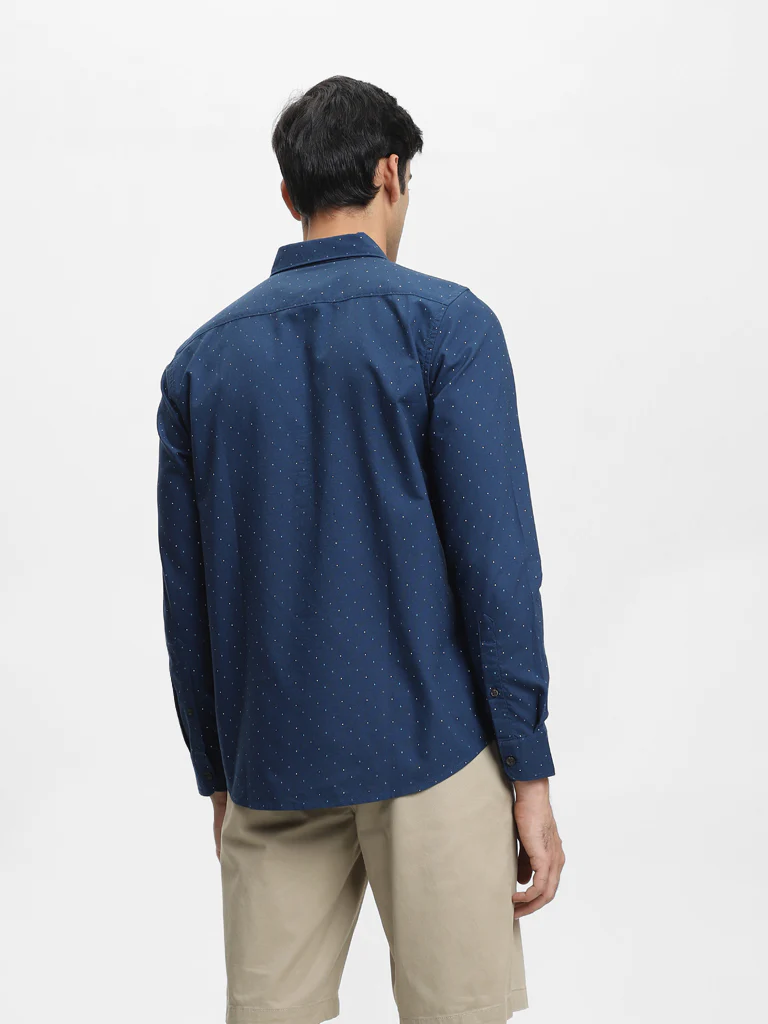WES Casuals Printed Navy Cotton Slim-Fit Shirt - Image 4