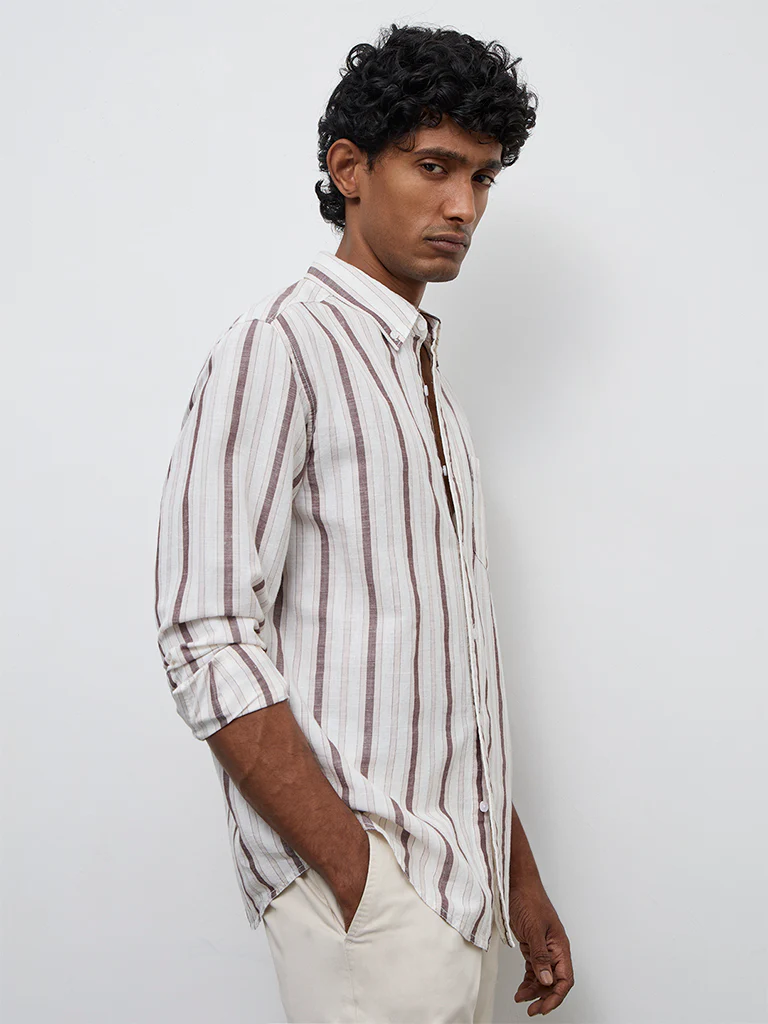 WES Casuals Purple Striped Relaxed-Fit Cotton-Blend Shirt
