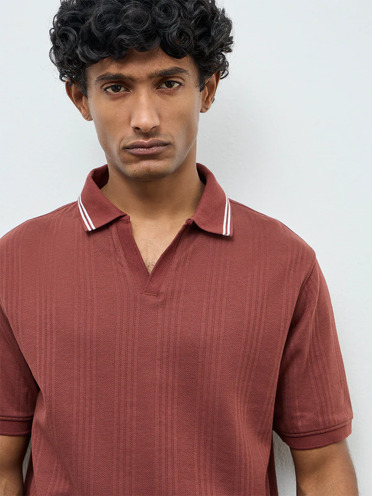 WES Casuals Rust Textured Relaxed-Fit Cotton-Blend Polo T-Shirt - Image 3