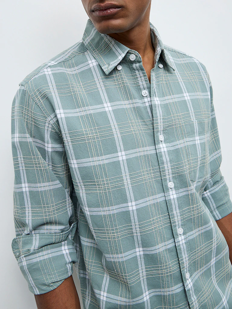 WES Casuals Sage Check Relaxed Fit Cotton Shirt - Image 3