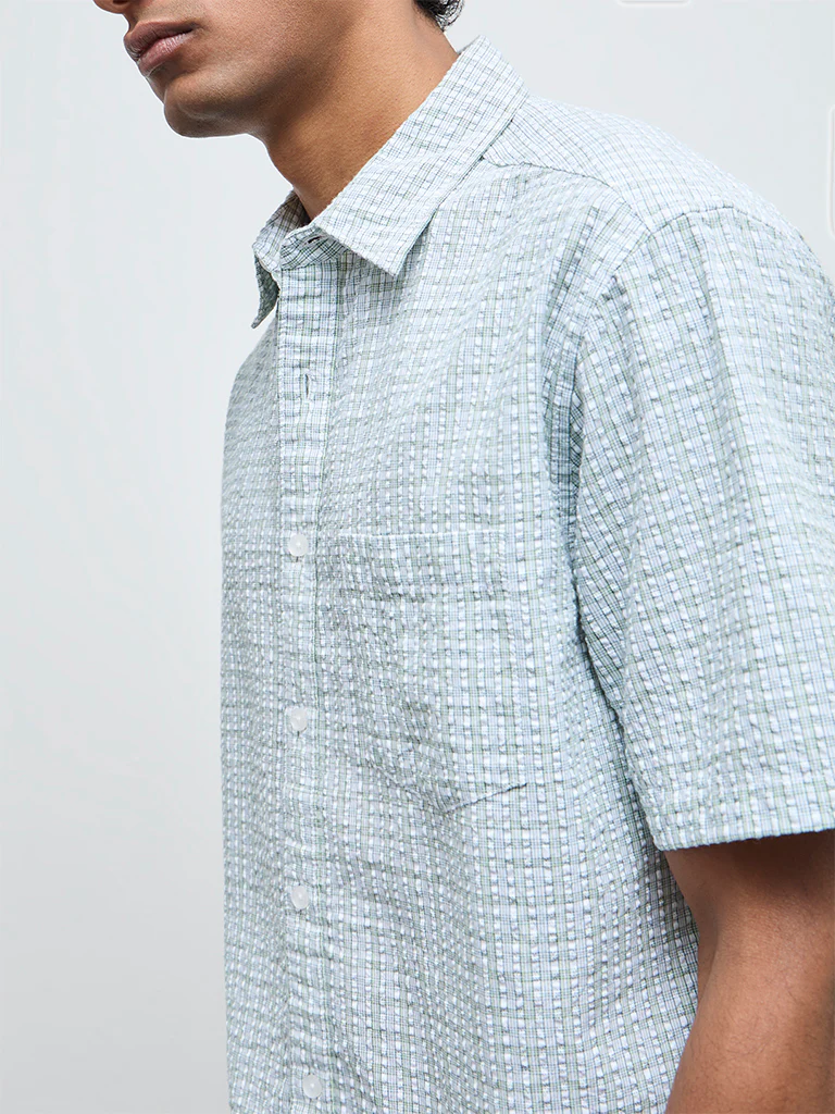 WES Casuals Sage Check Relaxed Fit Cotton Shirt - Image 4