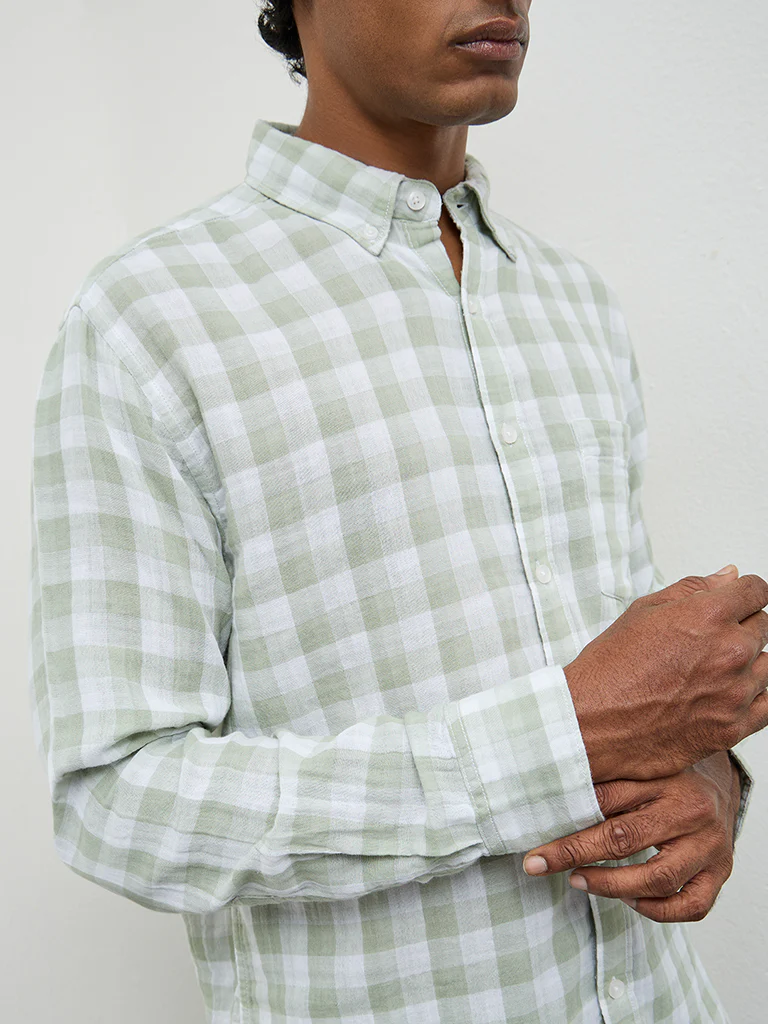 WES Casuals Sage Checks Printed Relaxed-Fit Cotton Shirt - Image 4