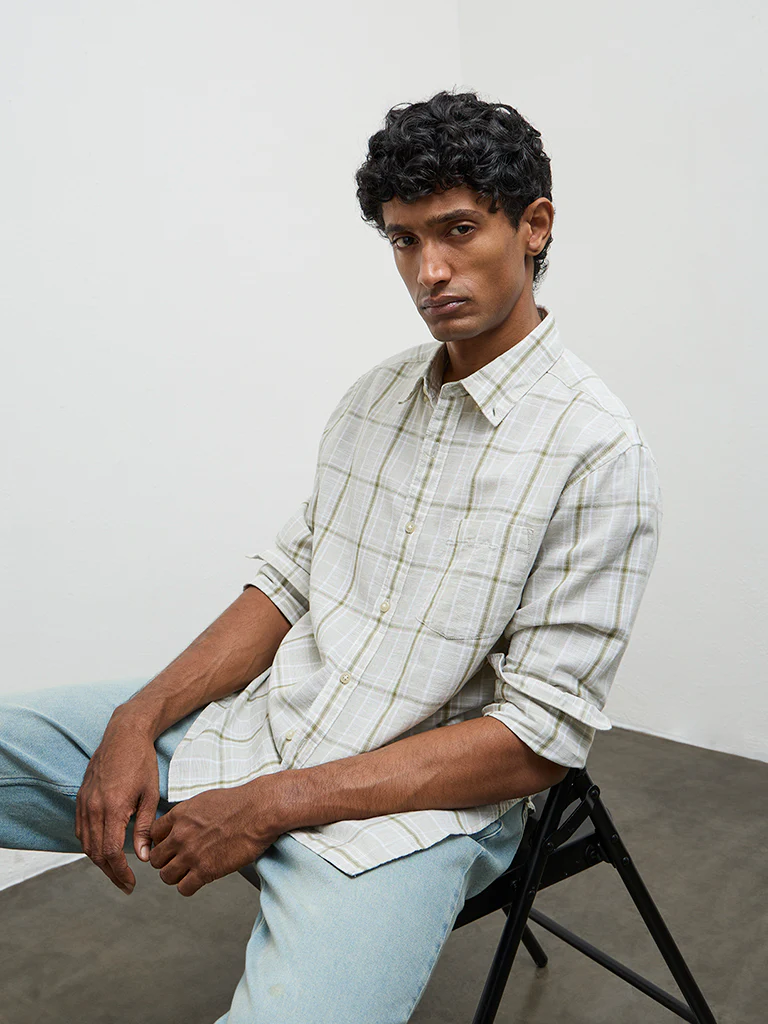 WES Casuals Sage Checks Relaxed-Fit Cotton-Blend Shirt