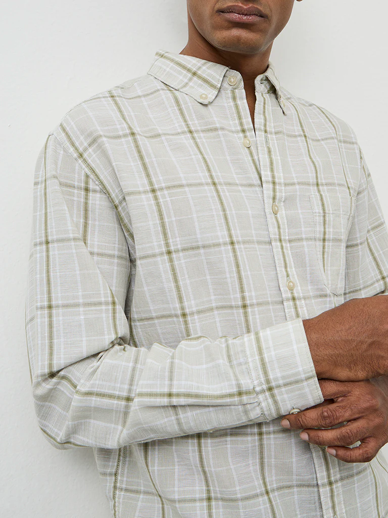 WES Casuals Sage Checks Relaxed-Fit Cotton-Blend Shirt - Image 3