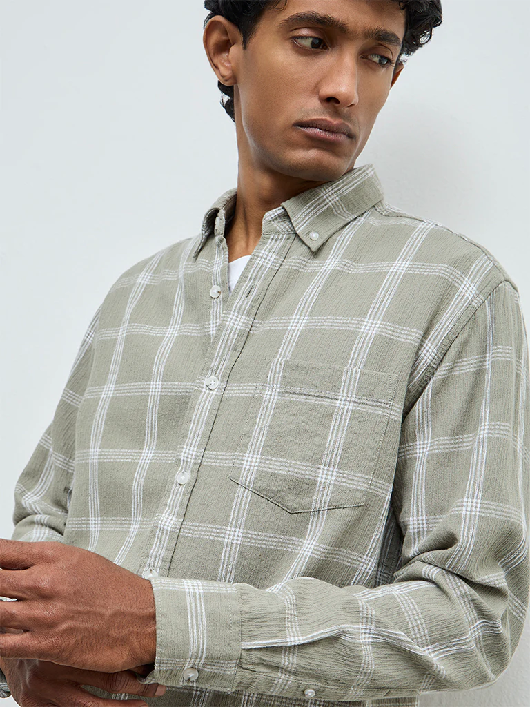 WES Casuals Sage Checks Relaxed-Fit Cotton Shirt - Image 3