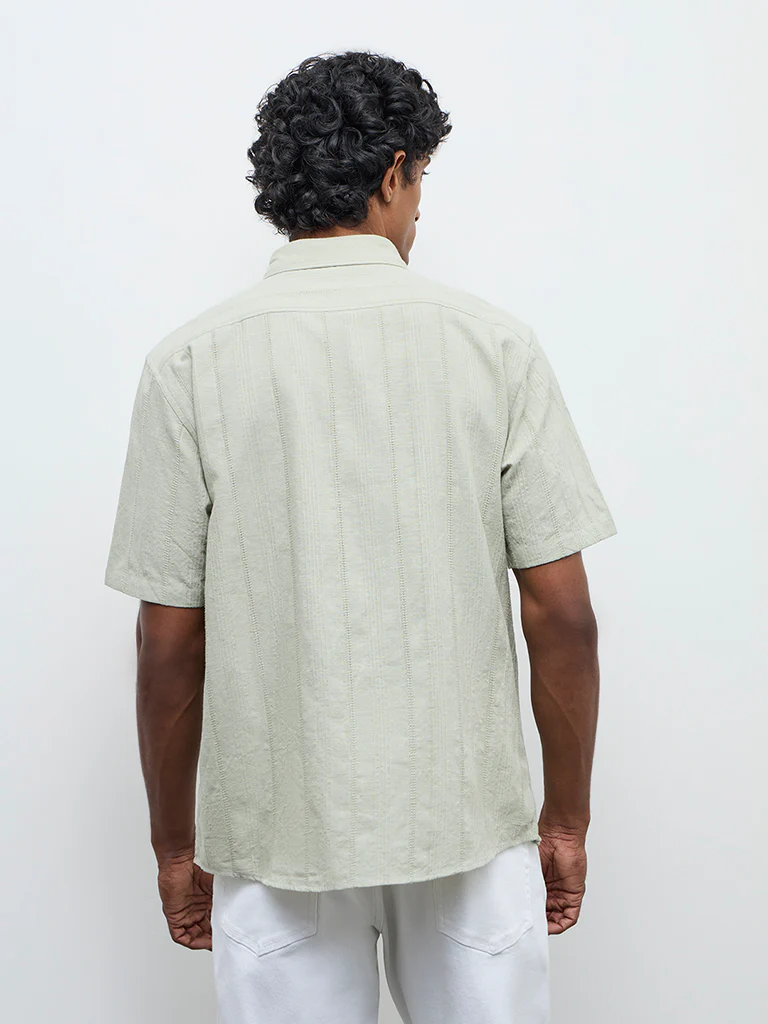 WES Casuals Sage Self-Textured Relaxed Fit Cotton Shirt - Image 4