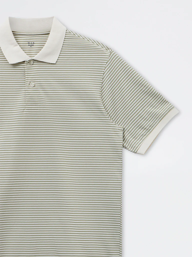 WES Casuals Sage Stripe Relaxed-Fit Cotton-Blend Polo T-Shirt - Image 4