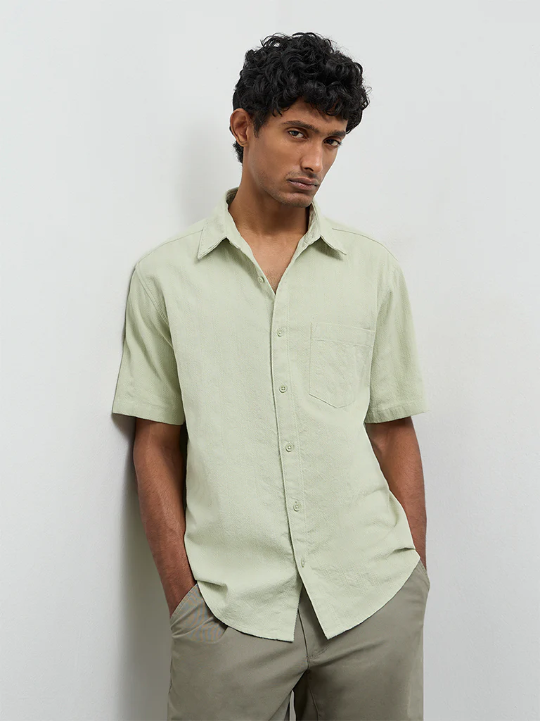 WES Casuals Sage Stripe Textured Relaxed-Fit Cotton Shirt