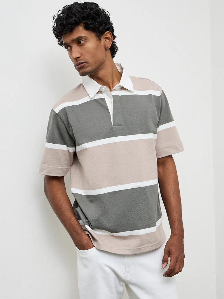 WES Casuals Sage Striped Relaxed Fit Polo Cotton-Blend T-Shirt