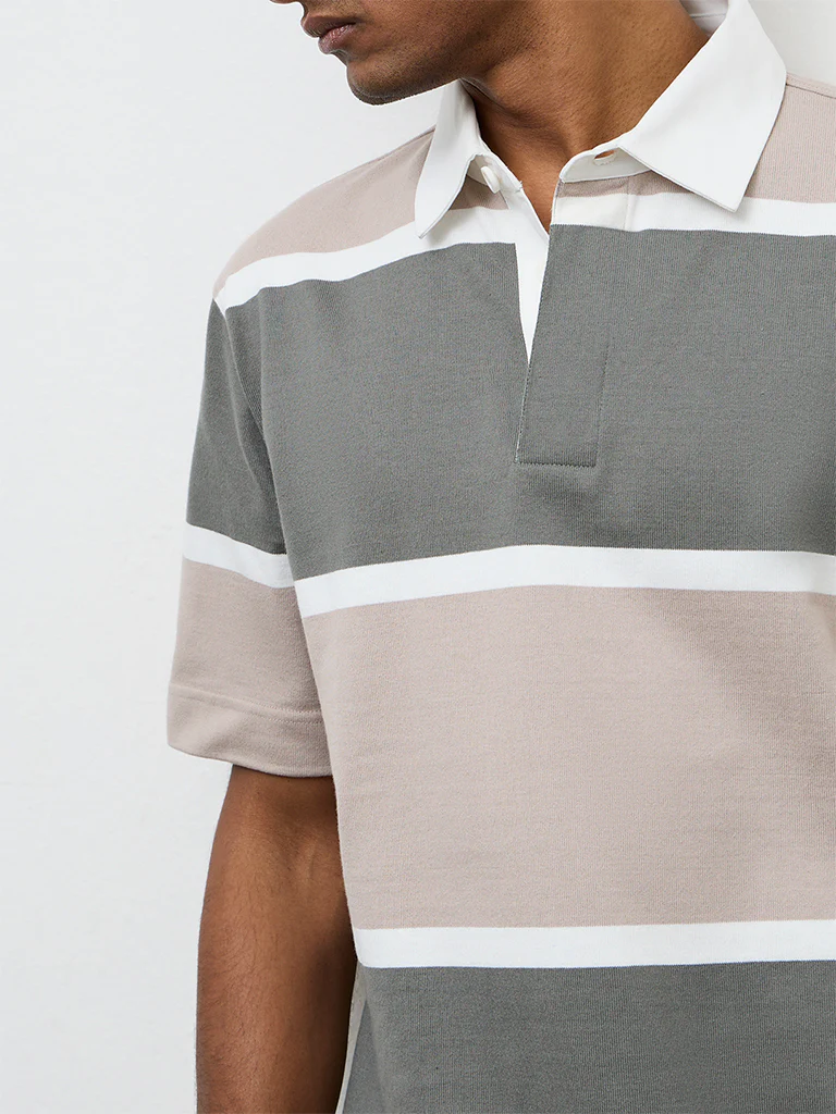 WES Casuals Sage Striped Relaxed Fit Polo Cotton-Blend T-Shirt - Image 4