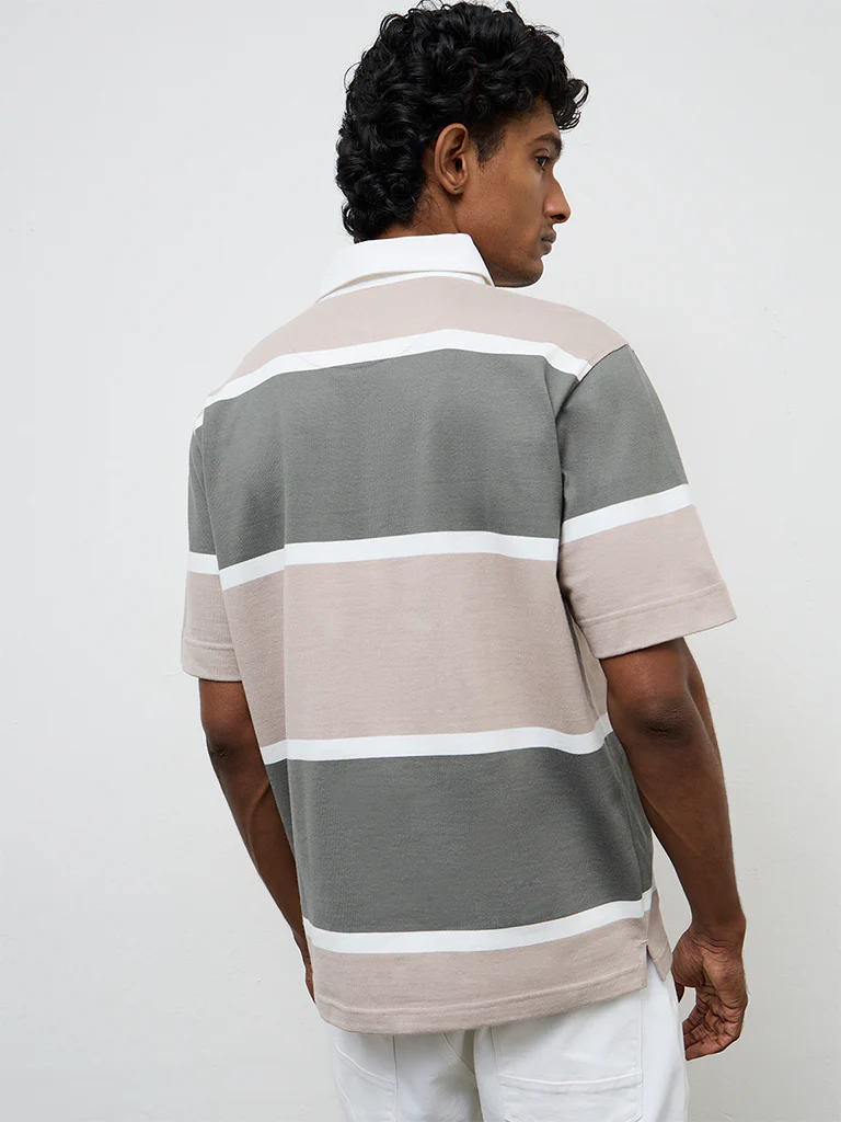 WES Casuals Sage Striped Relaxed Fit Polo Cotton-Blend T-Shirt - Image 5