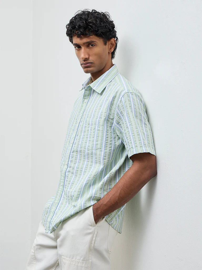 WES Casuals Sage Striped Relaxed Fit Cotton-Blend Shirt - Image 2