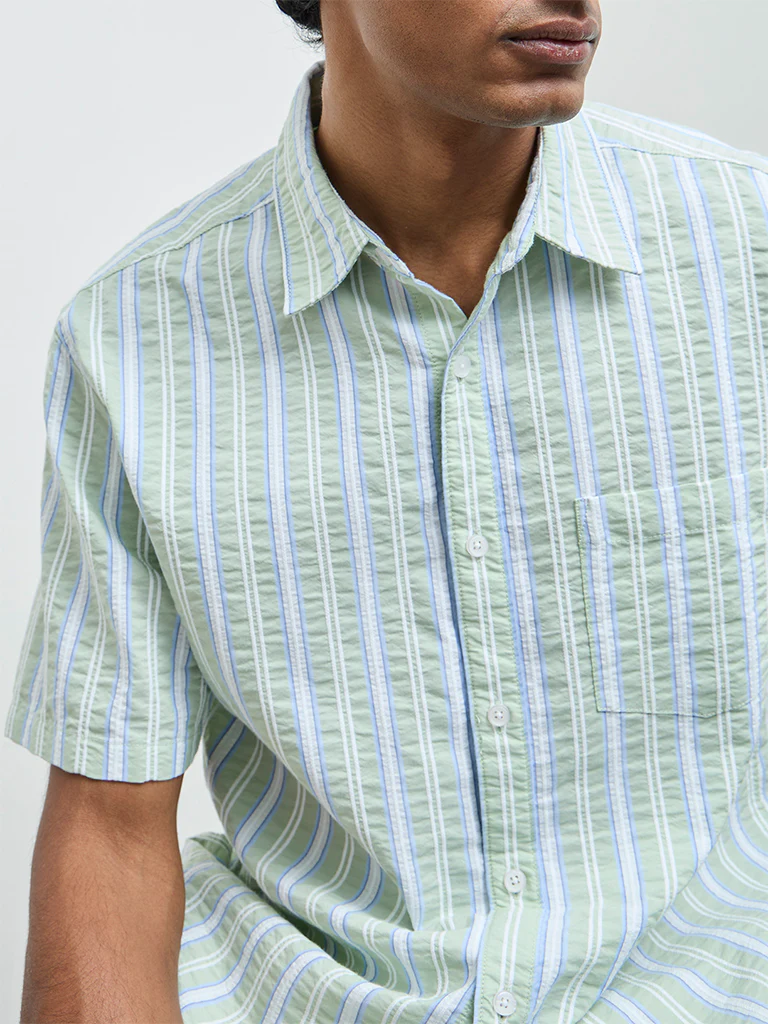 WES Casuals Sage Striped Relaxed Fit Cotton-Blend Shirt - Image 3