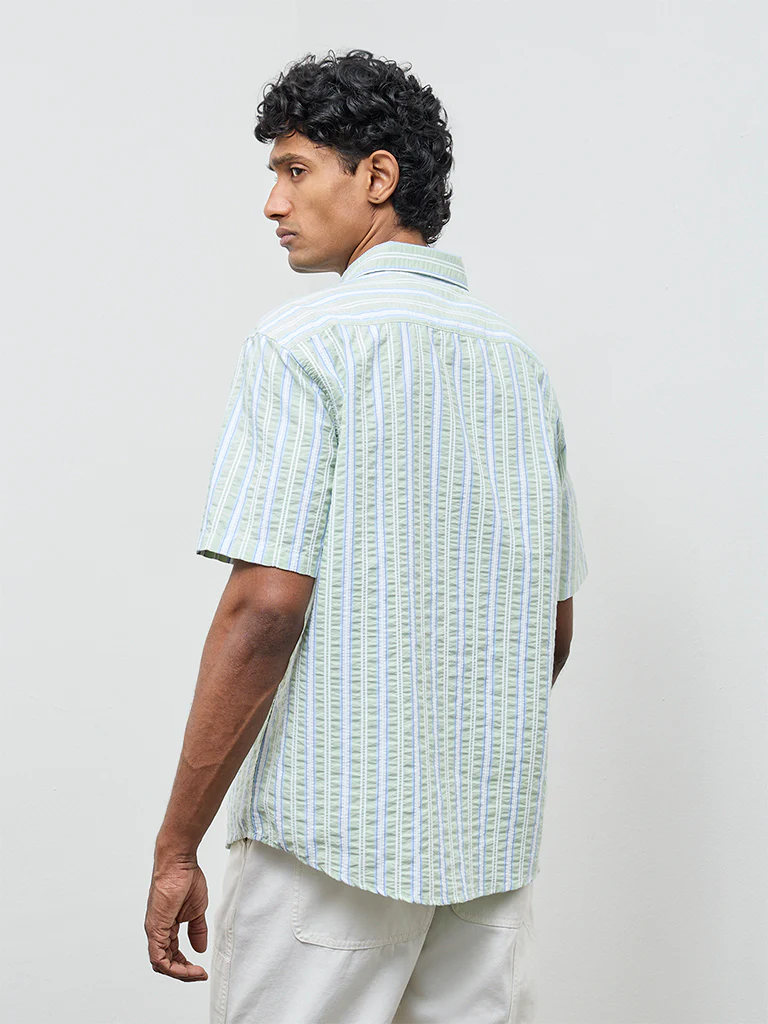 WES Casuals Sage Striped Relaxed Fit Cotton-Blend Shirt - Image 4