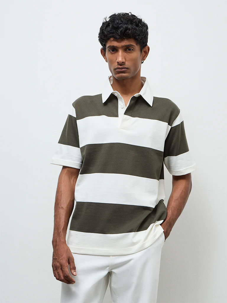 WES Casuals Sage Striped Relaxed Fit Cotton Polo T-Shirt