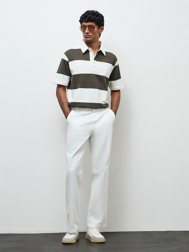 WES Casuals Sage Striped Relaxed Fit Cotton Polo T-Shirt - Image 2