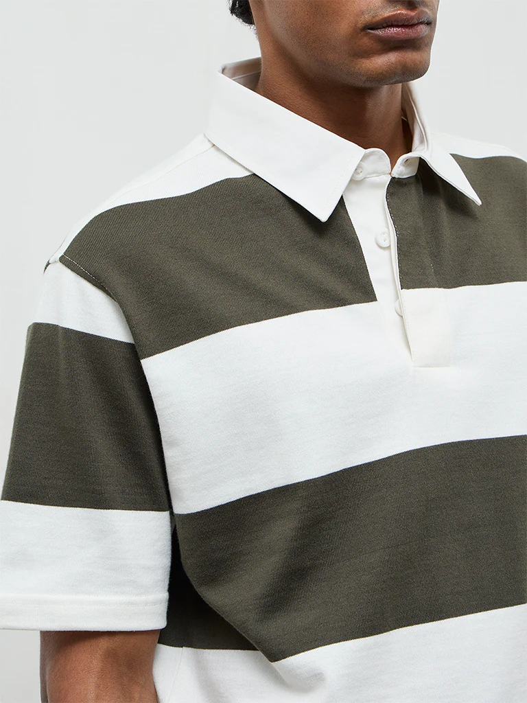 WES Casuals Sage Striped Relaxed Fit Cotton Polo T-Shirt - Image 3