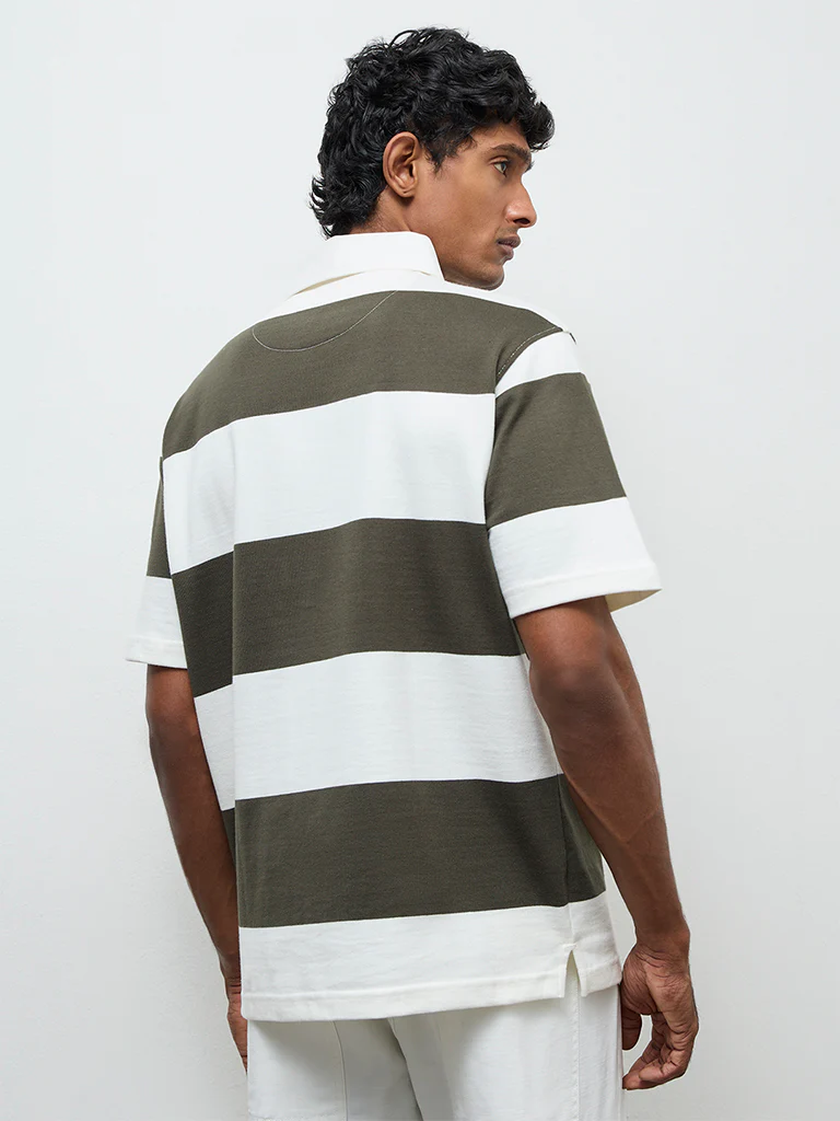 WES Casuals Sage Striped Relaxed Fit Cotton Polo T-Shirt - Image 4