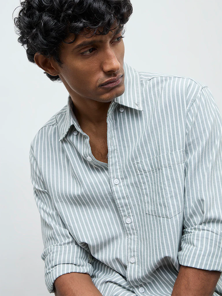 WES Casuals Sage Striped Relaxed Fit Cotton Shirt - Image 3
