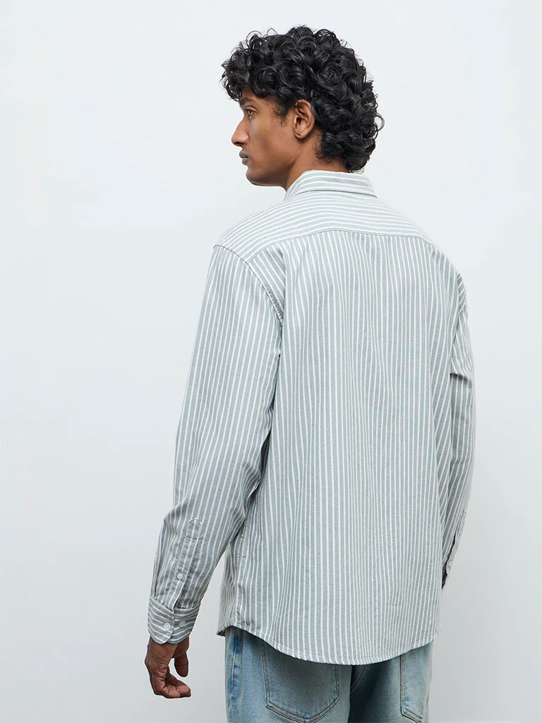 WES Casuals Sage Striped Relaxed Fit Cotton Shirt - Image 4