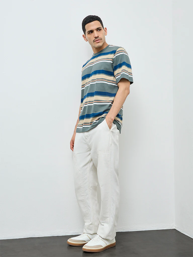WES Casuals Sage Striped Relaxed-Fit Cotton T-Shirt - Image 3