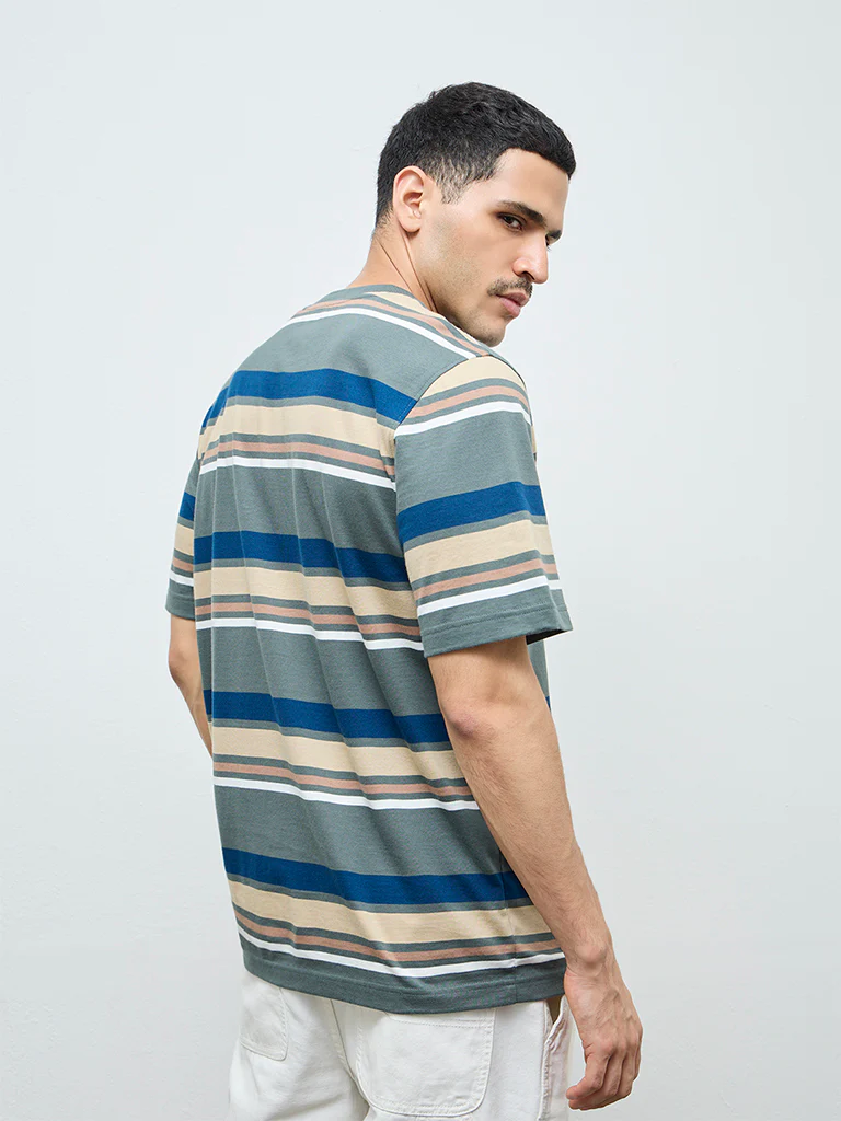WES Casuals Sage Striped Relaxed-Fit Cotton T-Shirt - Image 5