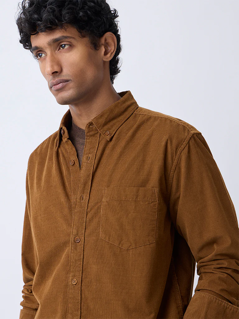 WES Casuals Tan Corduroy Relaxed-Fit Cotton Shirt - Image 4