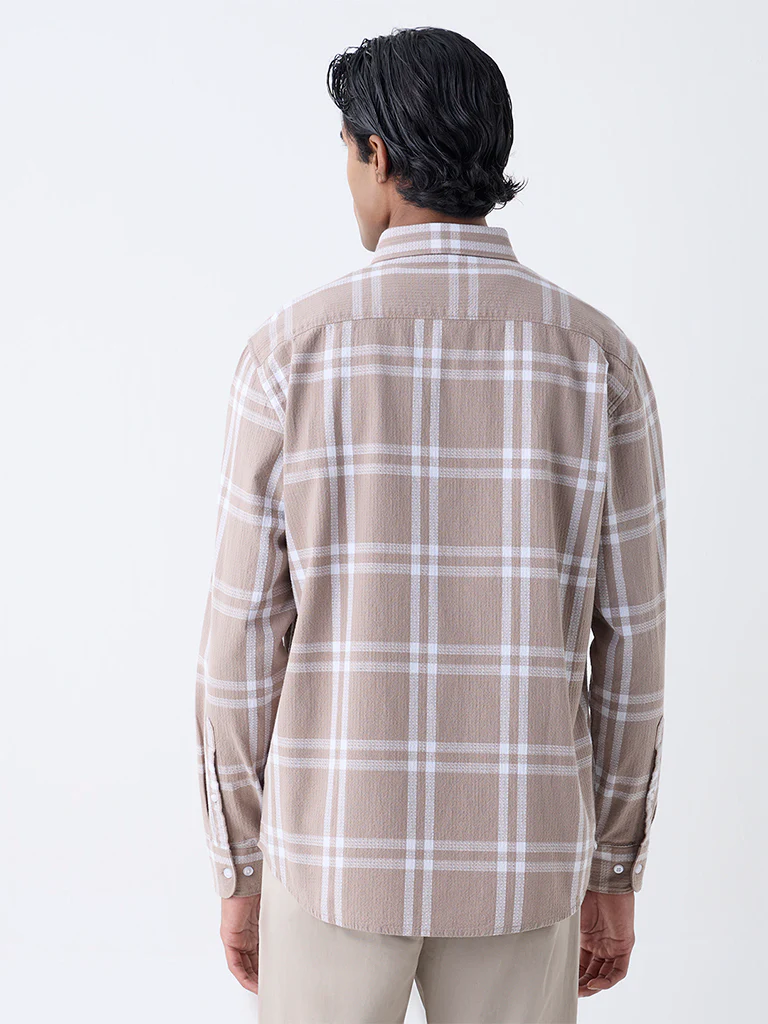 WES Casuals Taupe Checkered Relaxed-Fit Cotton Shirt - Image 4