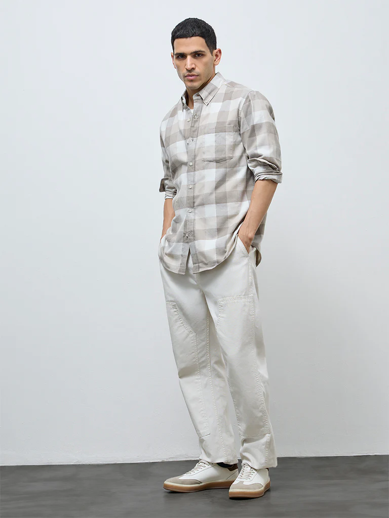 WES Casuals Taupe Checks Relaxed-Fit Cotton-Blend Shirt - Image 2
