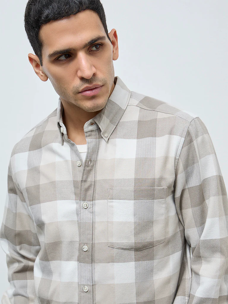 WES Casuals Taupe Checks Relaxed-Fit Cotton-Blend Shirt - Image 3