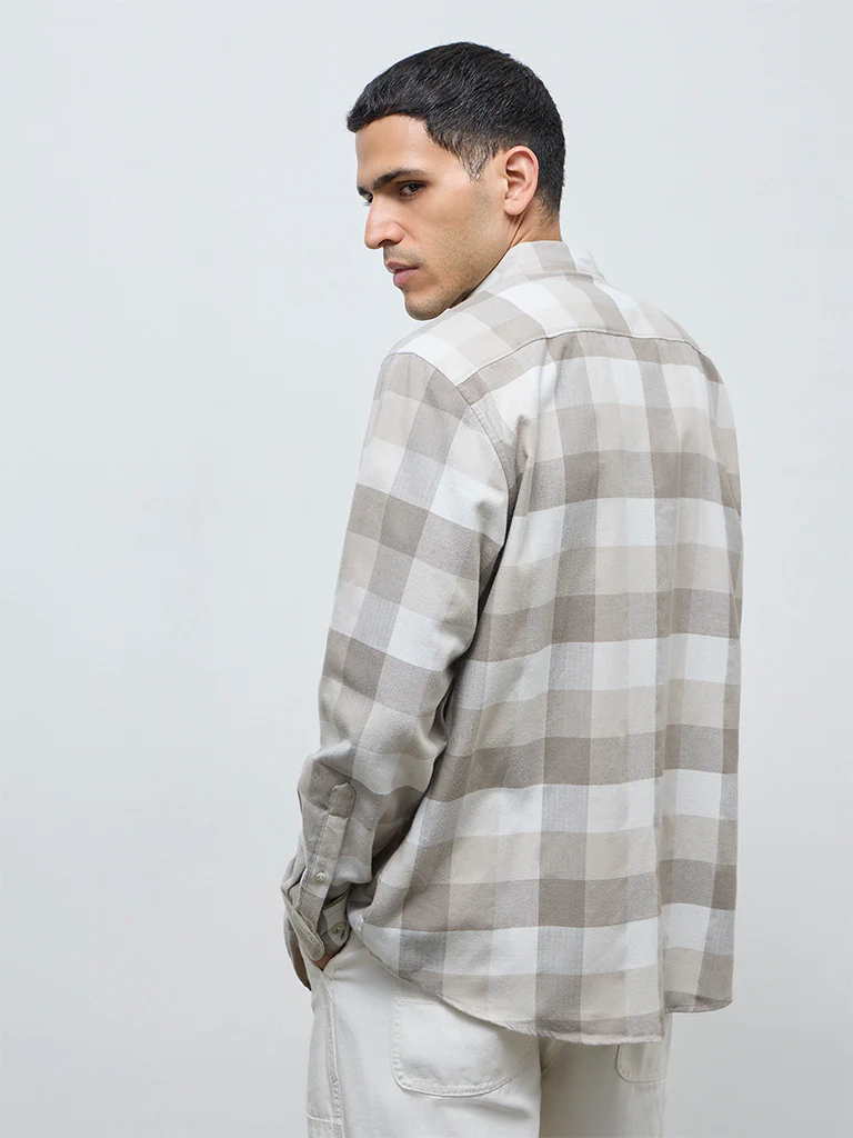 WES Casuals Taupe Checks Relaxed-Fit Cotton-Blend Shirt - Image 4