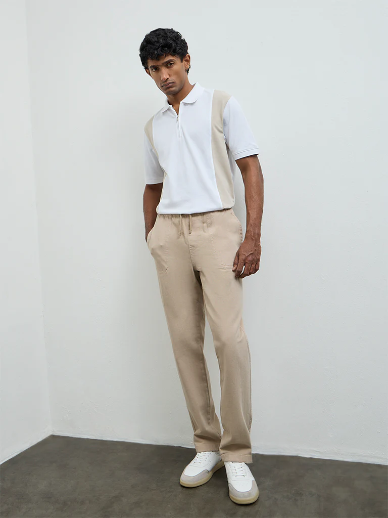 WES Casuals Taupe Relaxed-Fit Cotton-Blend Quarter-Zip Polo T-Shirt - Image 3
