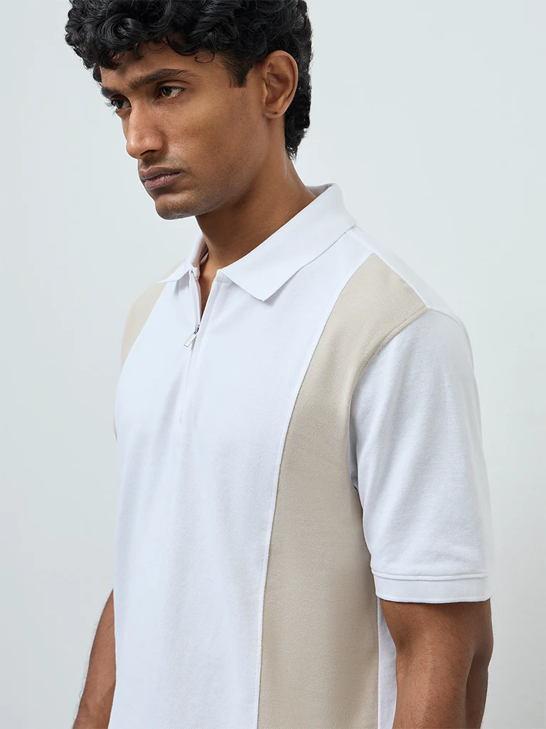 WES Casuals Taupe Relaxed-Fit Cotton-Blend Quarter-Zip Polo T-Shirt - Image 4
