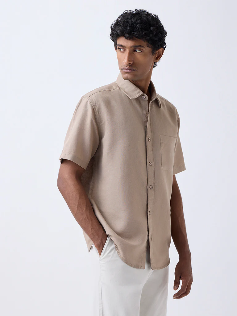 WES Casuals Taupe Relaxed-Fit Linen-Blend Shirt