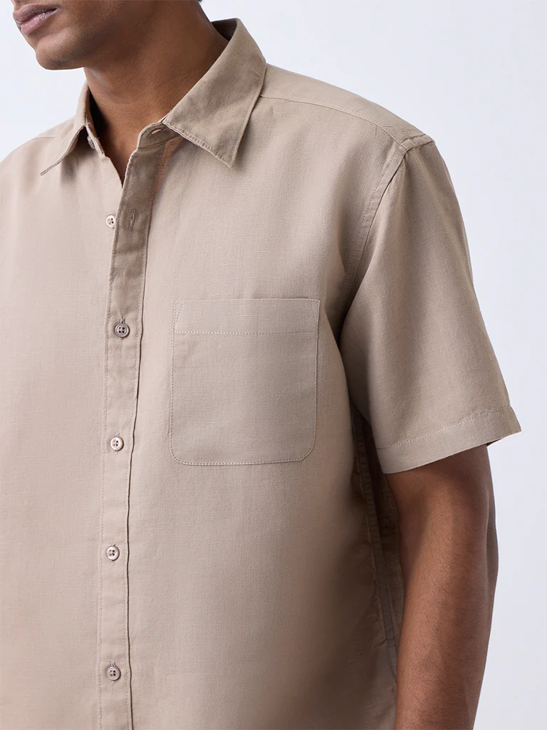 WES Casuals Taupe Relaxed-Fit Linen-Blend Shirt - Image 3