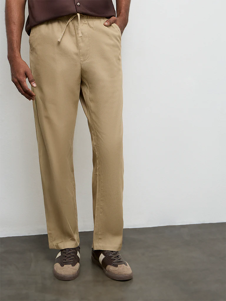 WES Casuals Taupe Relaxed-Fit Mid-Rise Cotton-Blend Chinos - Image 3