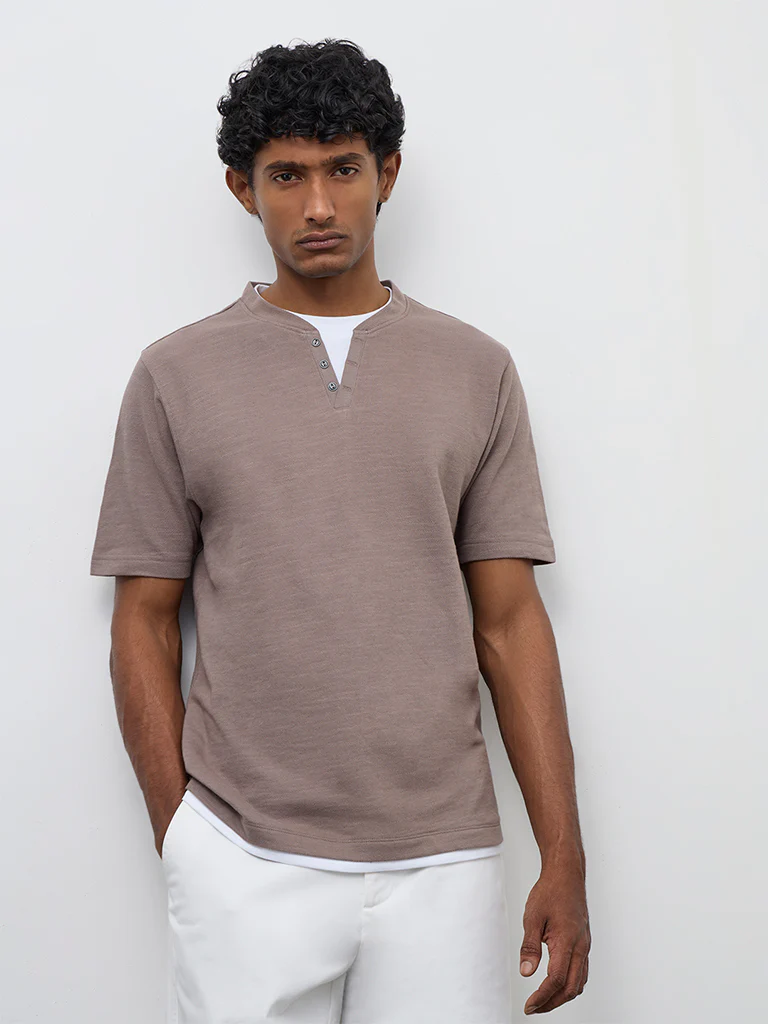 WES Casuals Taupe Relaxed-Fit Textured Cotton T-Shirt