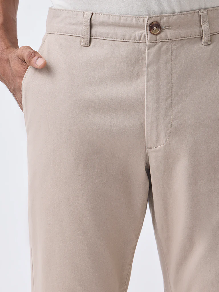 WES Casuals Taupe Slim-Fit Mid-Rise Cotton-Blend Trousers - Image 4