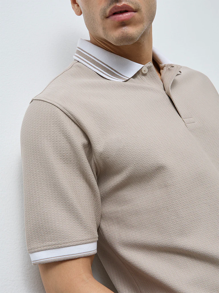 WES Casuals Taupe Textured Relaxed-Fit Polo T-Shirt - Image 4