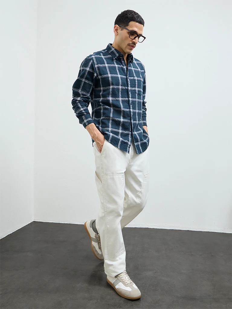 WES Casuals Teal Checks Design Relaxed-Fit Cotton Shirt - Image 2
