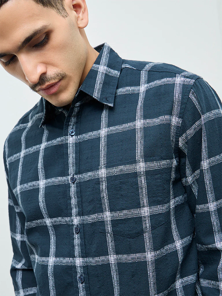 WES Casuals Teal Checks Design Relaxed-Fit Cotton Shirt - Image 3