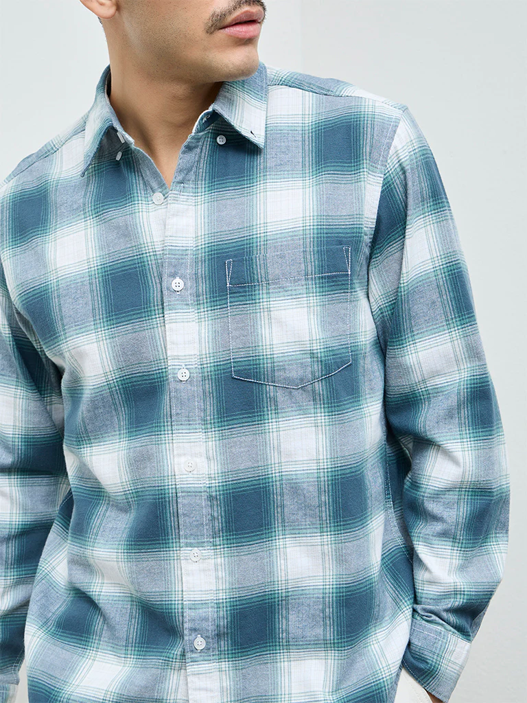 WES Casuals Teal Checks Detailed Relaxed-Fit Cotton Shirt - Image 3